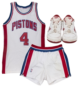 Lot of (3) 1991-92 Joe Dumars Game Used & Signed Detroit Pistons Jersey With Shorts & Used/Signed Pair of Avia Sneakers (Pistons Employee LOA & Beckett) 